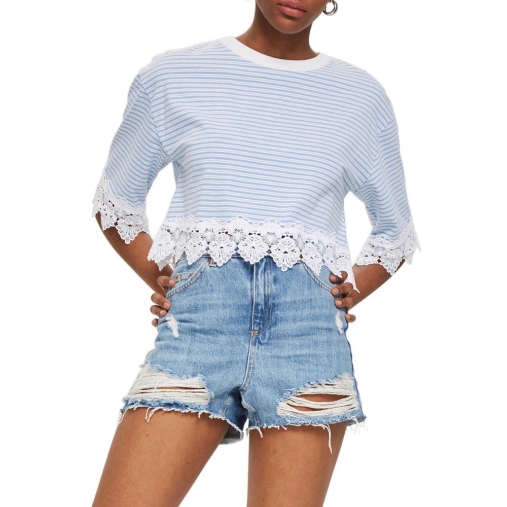 NWT Topshop Baby Blue Striped Lace Crop Top